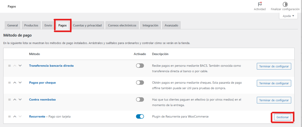 Se describe donde encontrar la opción de pagos de WooCommerce