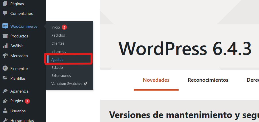 Se muestra como ingresar a los ajustes de WooCommerce